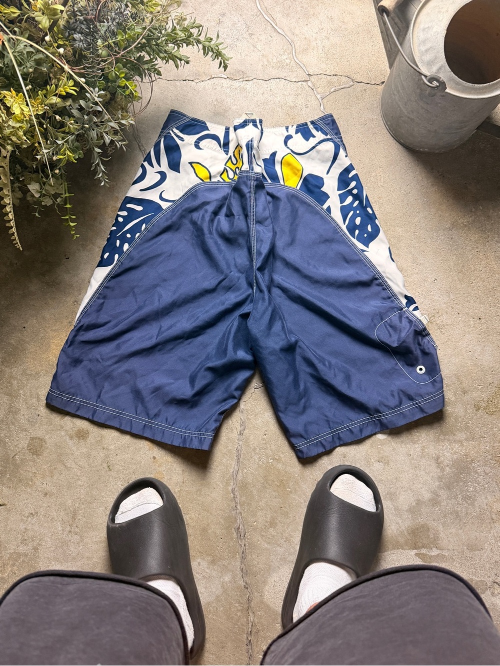 Men's Navy Blue Floral Panel Swim Trunks